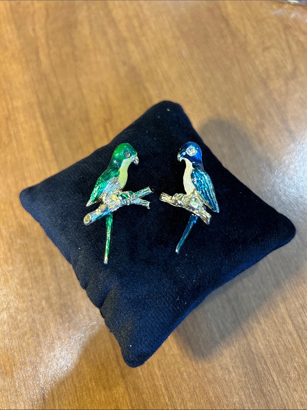 Two Enamel Parrot Bird Brooches in Green and Blue - Decorative Pins
